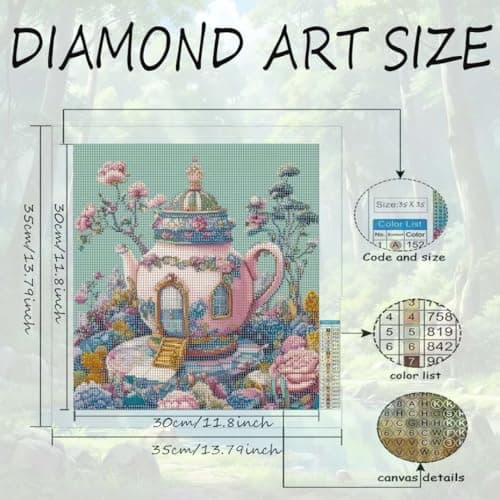 Teapot Castle Diamond Art Kits for Adults,5D Diamond Painting Kits for Beginner,DIY Full Round Drill Flower Diamond Dot Gem Painting With Dot Art Craft Kits for Home Wall Decor 13.79 x 13.79inch — view 5