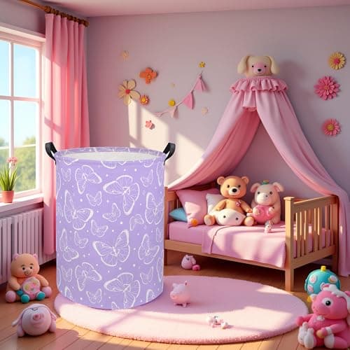 TIBAOLOVER Kids Laundry Basket Baby Hamper Toy Storage Bin for Boys Room Decor Baby Nursery Hamper Gift Baskets for Bedroom Bathroom(Purple Butterfly) — view 3