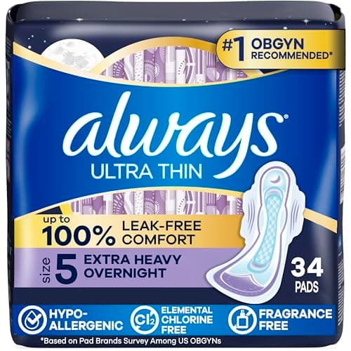 Always Ultra Thin Feminine Pads with Wings for Women, Size 5, Extra Heavy Overnight Absorbency, Unscented, 34 Count