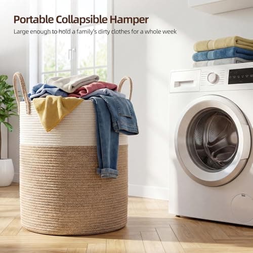 OIAHOMY Large Laundry Basket Hamper - 60L Cotton Rope Woven Basket for Blankets, Toys, Clothes - Tall Decorative Nursery Hamper with Long Handles, Brown/White — view 2