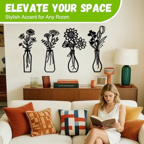 YOSHINE 4pcs Metal Flowers Wall Art, Black Minimalist Metal Wall Decor