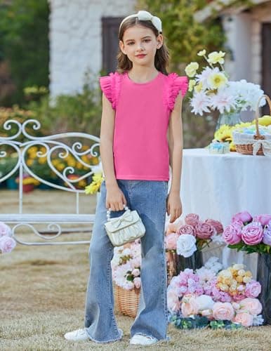 Arshiner Shirts for Kids Mesh Ruffle Flying Short Sleeve Tops for Kids Size 7-8 Casual Soft Summer Tees for Girls Hot Pink — view 3