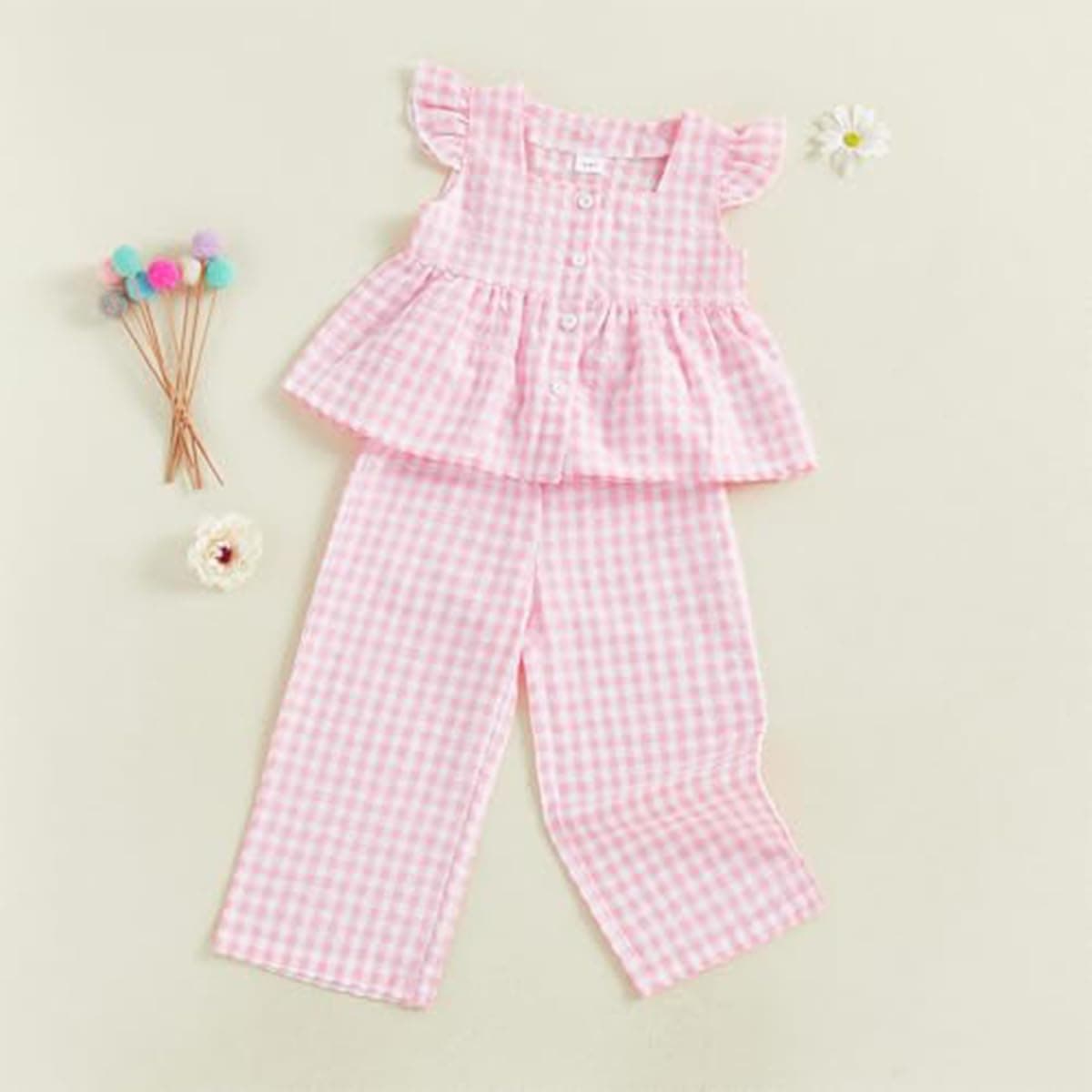 Conjunto Verano para Niñas Pequeñas Color Liso/Cuadros Sin Mangas Con Volantes Camisetas y Pantalones Anchos de Lino Ropa Infantil de Primavera — view 2