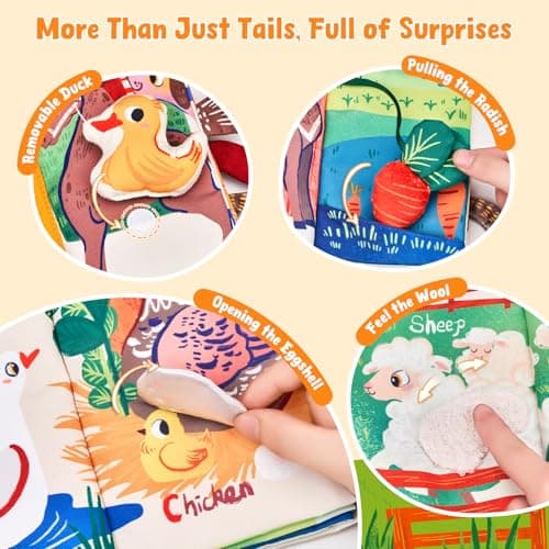 JoyCat Baby Books 0-6-12 Months - Farm Tail Tummy Time Toys - Sensory Touch & Feel Crinkle Cloth Book with Detachable Duck - Newborn Easter Basket Stuffers — view 4