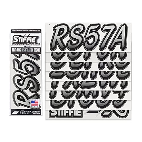 STIFFIE Whipline Silver/Black 3" Alpha-Numeric Registration Identification Numbers Stickers Decals for Boats & Personal Watercraft