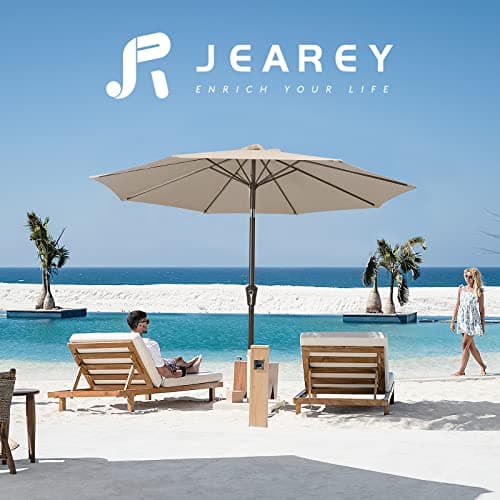 JEAREY 9FT Outdoor Patio Umbrella Outdoor Table Umbrella with Push Button Tilt and Crank, Market Umbrella 8 Sturdy Ribs UV Protection Waterproof for Garden, Deck, Backyard, Pool (Beige) — view 5