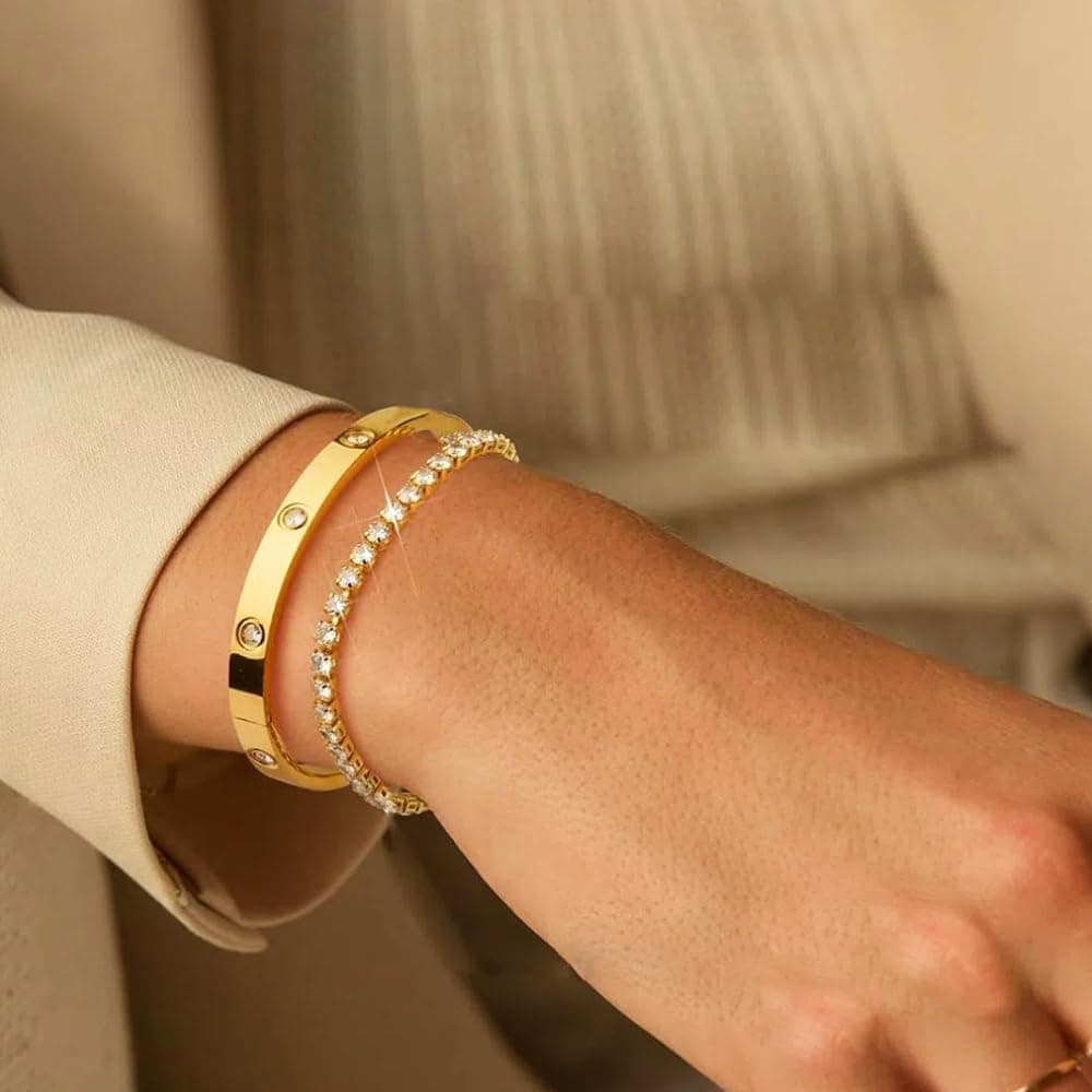 NEKVFO 18K Gold Plated Love Bracelet Set, Zircon Adjustable Bracelet Horseshoe Buckle Cable Bracelet, 3-Piece Women's Stackable Gold Bracelet Jewelry Set — view 3