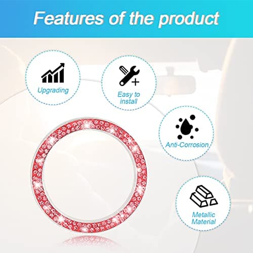 Car Bling Crystal Rhinestone Engine Start Ring Decals, 2 Pack Car Push Start Button Cover/Sticker, Key Ignition Knob Bling Ring, Sparkling Car Interior Accessories for Women (Red) — view 2