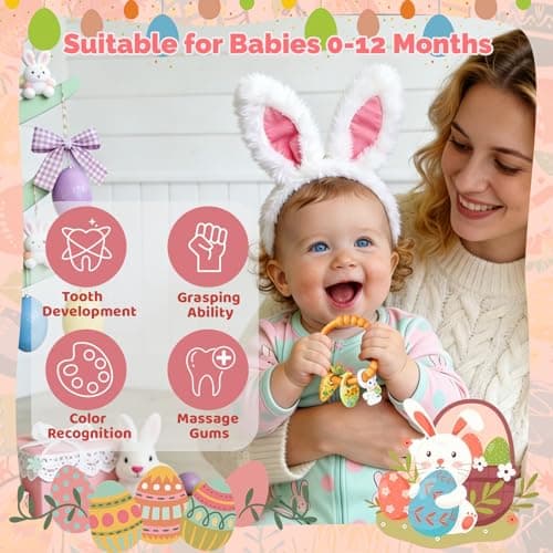 Easter Baby Teething Ring Toys for Baby, Silicone Teether with Textured Carrot, Bunny and Egg, BPA-Free, Safe and Soft for Chewing, Teething Toys for Easter Basket Stuffers&Easter Gifts, 0-12 Month