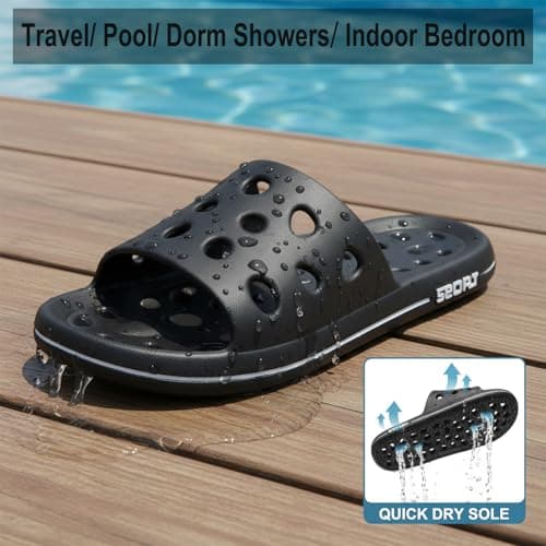 FINLEOO Shower Shoes for Women Men, Quick Drying Shower Sandals with Drain Holes Non-Slip Pool Slides Comfortable Lightweight House Slippers-Black — view 2