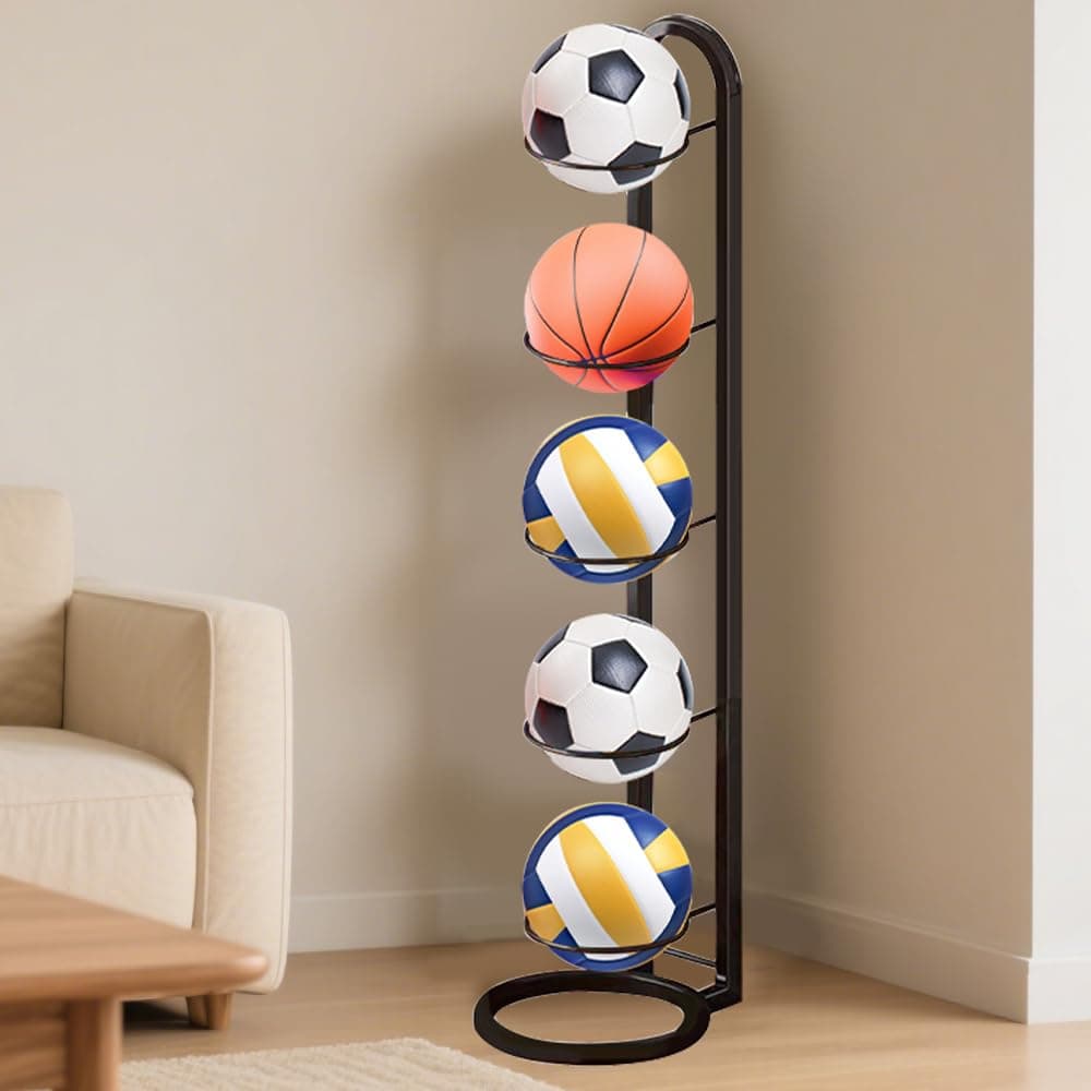 Kleemeiero Soporte para Balones de Baloncesto, Soporte Pelota Baloncesto Vertical de 5 Niveles, Estante de Bolas de Metal, Estante de Almacenamiento de Pelotas para Baloncesto, Fútbol y Voleibol