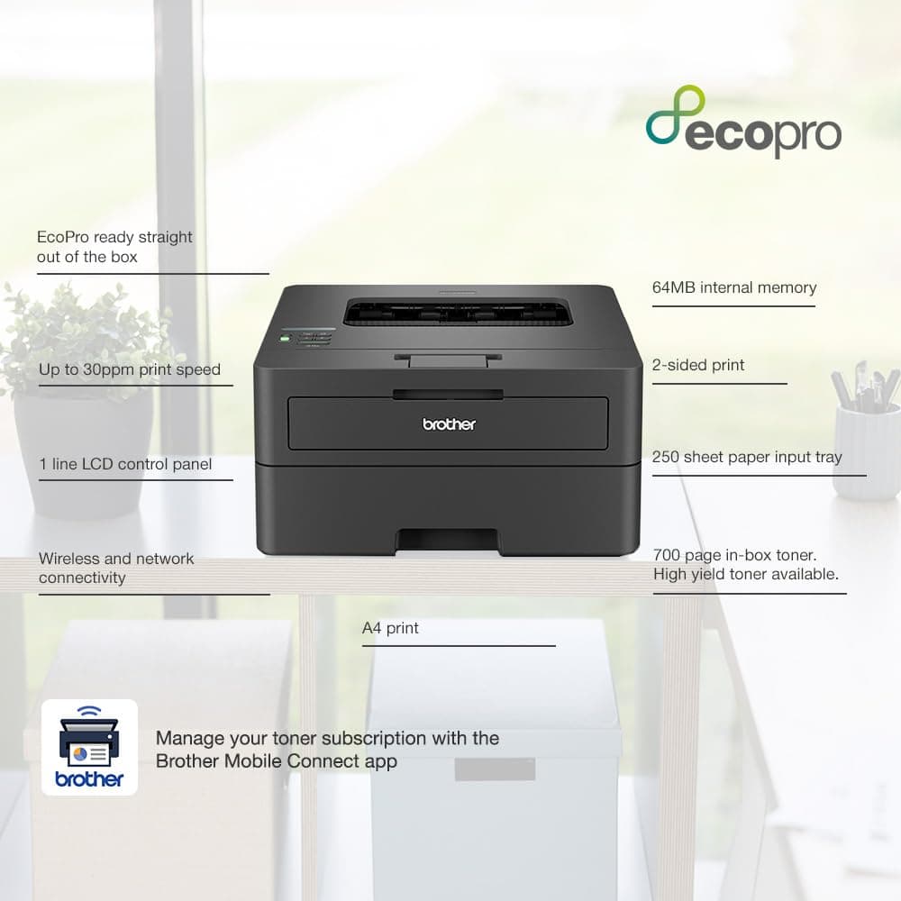 Brother HL-L2400DWE Mono Laser Printer with EcoPro subscription, Single function, Automatic 2-sided print, A4, 4 mths free trial, Automatic toner delivery, A4, UK Plug — view 2