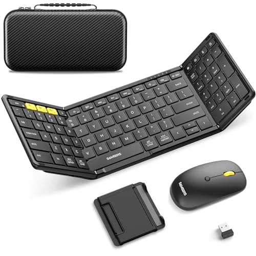 Foldable Keyboard and Mouse, Samsers Folding Bluetooth Keyboard Combo, 2.4G + BT5.0 x 2, Full-Size Portable Travel Keyboard & Rechargeable Wireless Mouse for Windows Android iOS Mac OS, Elegant Black