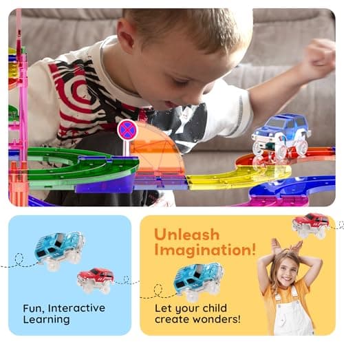 PicassoTiles 100 PCs Race Car Track Set Magnetic Toy Building Block with 2 LED Cars with Height Adjustable Roads Signs Education STEM Building Kit Learning Construction Fun for Boys & Girls Ages 3+ — view 2