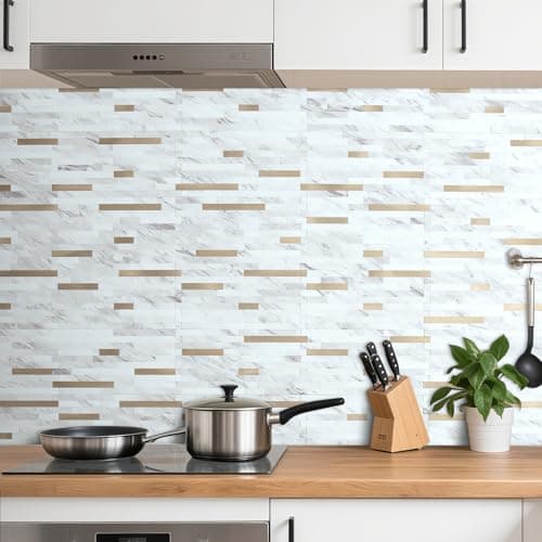 AULIGET 20 Sheets Faux Stone White Marble Peel and Stick Backsplash, PVC Mixed Metal Champagne Gold Wall Tile Stick on Backsplash for Kitchen and Bathroom — view 4