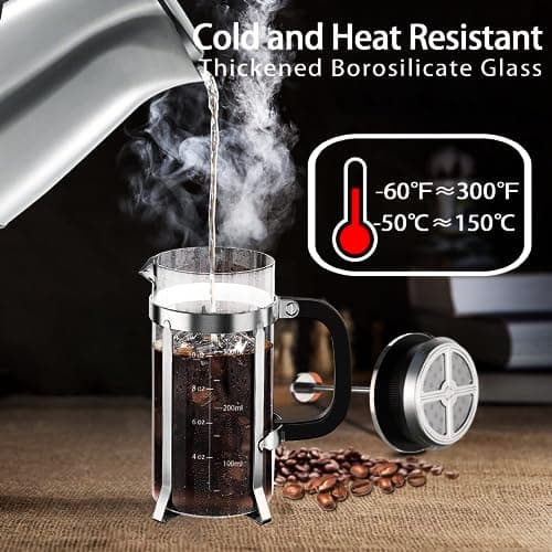 YMMIND French Press Coffee Maker 304 Stainless Steel Coffee Press,with 4 Filters System, Heat Resistant Thickness Borosilicate French Press Glass, BPA-Free Brewed Tea Pot Coffee Plunger(Copper 12oz) — view 2