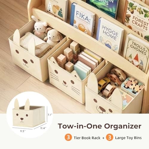 OOOK 3-Tier Kids Bookshelf with 3 Removable Fabric Storage Bins, Front Facing Toddler Montessori Bookshelf, Wooden Bookcase for Kidsroom, Classroom, Playroom, Nursery — view 3