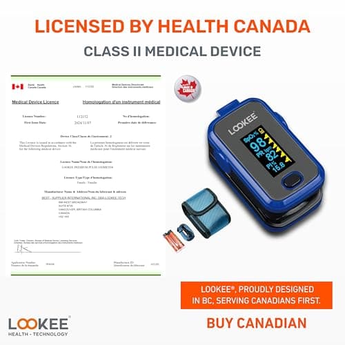 LOOKEE A310 Premium Pulse Oximeter Finger Heart Rate Oxygen Monitor | Proudly Canadian | SpO2 Blood Oxygen Level | Medical Accuracy, Alarm & PI | OLED Display | Carry Case & Batteries | Blue