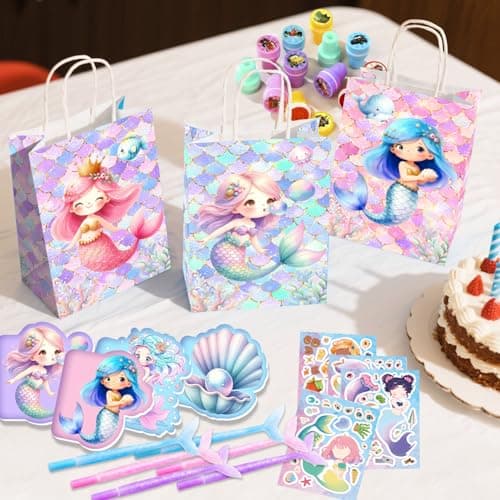 Mermaid Birthday Party Favors Bags Fillers, 108pcs Mermaid Goodie Bags Scratch Painting Bubbles Mini Notebooks Temporary Tattoo etc Mermaid Party Decorations Supplies — view 4