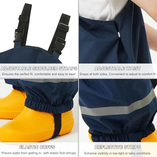 Fewlby Kids Rain Bib Pants, Toddlers Waterproof Suspender Dirty Proof Rain Wear for Boys and Girls Navy — view 3