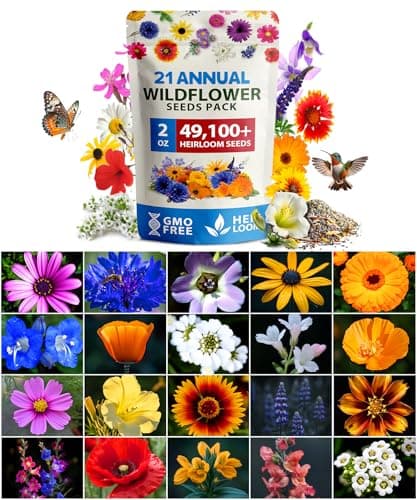 HOME GROWN USA Native Wildflower Seeds Bulk Mix | 49,100+ Non-GMO Annual Flower Seed for Planting | 21 Varieties for Bee & Butterfly Garden Pack | 2 oz