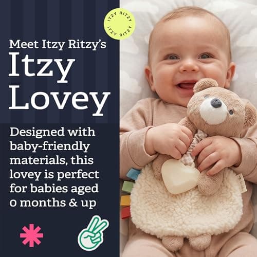 Itzy Ritzy - Itzy Lovey Including Teether - Baby Lovey with Teether, Textured Ribbons & Dangle Arms - Features Crinkle Sound, Sherpa Fabric and Minky Plush (Bear)
