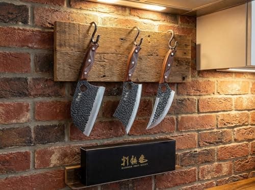 3PCS Butcher Knife Set, 7" Butcher Meat Cleaver, 7" Serbian Chef Knife and 6.5" Viking Knife, Hand Forged Kitchen Knife Set with Plastic Handle, Geat for Home, Camping, BBQ (Unique Finger Hole Design) — view 5