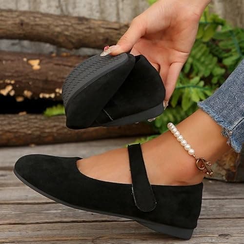 Women's Suede Mary Jane Round Toe Ballet Shoes, with Straps Lightweight Breathable Comfortable Dressy Shoe (Black,8.5) — view 3