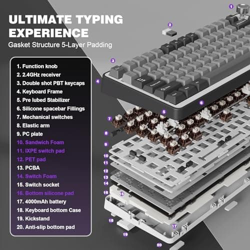 YUNZII B75 PRO Wireless Mechanical Keyboard,75% Layout with Knob,Hot Swap Gasket Structure,Creamy Pre-lubed Switches,RGB Backlit,Bluetooth/Type-C/2.4G for Win/Mac(Dark Grey, Cocoa Cream V2 Switch) — view 3