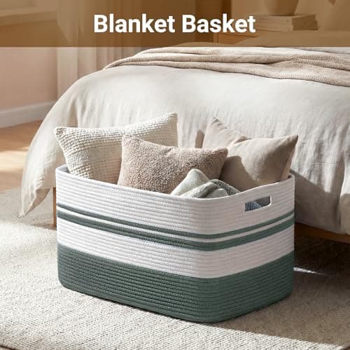 HOBASKET 75L Large Blanket Basket, 22"x17"x12"Rectangle Cotton Rope Woven Storage Basket with Handles, Laundry Hamper for Living Room, Nursery, Bedroom - Chemical-Free, Kid & Pet Safe - Sage Green — view 2