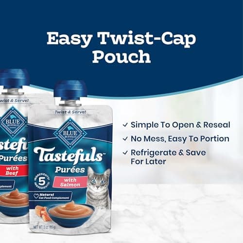 Blue Buffalo Tastefuls Purées Variety Pack Wet Cat Food Complement (Salmon, Chicken, Tuna, Beef) Made with Natural Ingredients, for All Life Stages, 3-oz. Resealable Pouches (12 Count) — view 3