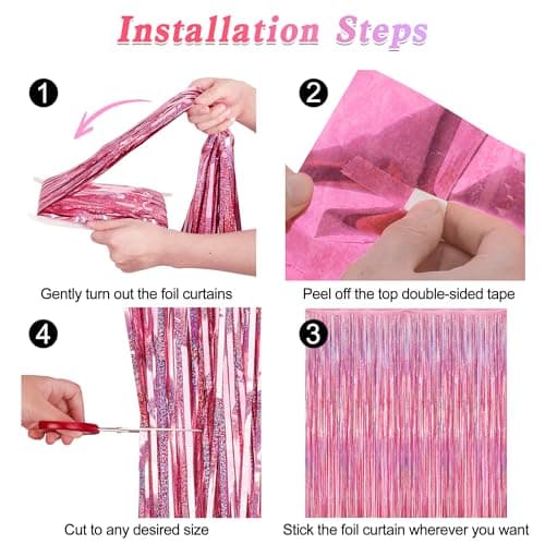 2 Pack Glitter Pink Backdrop, 3.28 FT x 7.05 FT Birthday Party Decorations, Laser Pink Fringe Curtains Foil Streamer Tinsel, Pink Curtains Photo Backdrop Happy Birthday Valentines Day Backdrop — view 2