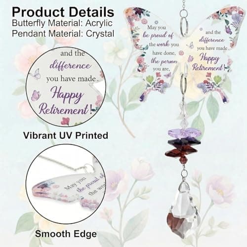Shpucise Retirement Gifts for Women, Butterfly Crystal Retired Suncatcher Gift for Women Coworker Teacher Nurse, Hanging Crystal Sun Catcher Ornament for Window, Retirement Gift Going Away Gifts — view 2