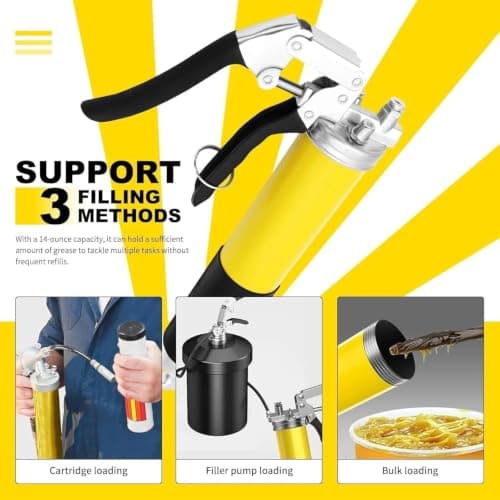 Draforce Grease Gun Kit, Yellow 10-Piece Grease Gun Kit, 8000 PSI Pistol Grip Manual Grease Gun, 400cc / 14 oz Heavy Duty Lubrication Tool for Tractor, Farm Equipment, Trailer, Automotive — view 3