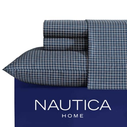 Nautica – Full Size Sheet Set, Crisp Cotton Percale Bedding with Matching Pillowcases, Lightweight & Breathable Bed Sheets, Deep Pocket, College Dorm Room Essentials (Reece Plaid Blue) — view 4