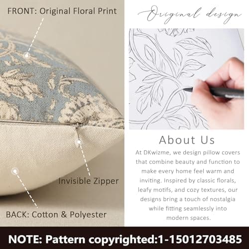 Vintage Floral Print Throw Pillow Covers 18x18 Set of 2 Neutral Modern Farmhouse Pillowcases Accent Decorative Cushion Covers Boho Home Decor for Couch Sofa Chair Bed Living Room, Sky Blue — view 2