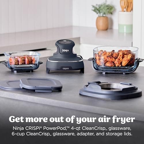 Ninja Crispi 4 in 1 Glass Air Fryer, 450°F, Non Toxic, 4QT and 6 Cup Containers with Lids, Dishwasher Safe, Cyberspace Gray, 1 Count, FN101GY
