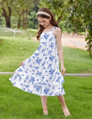 Arshiner Girls Floral Print Dress Casual Sleeveless Summer Sundress with Pockets for 11-12 Y Blue Floral — view 3