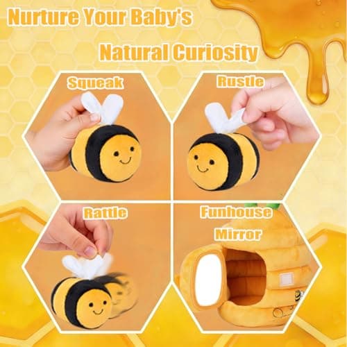 Baby Toys 6-12 Months- Baby Soft Beehive Toy with 5 Sensory Bees Soft Plush Montessori Toy with Rattles, Crinkle & Mirror Gift for 1 Year Old Boys & Girls Shower & First Birthday Present(Yellow) — view 3