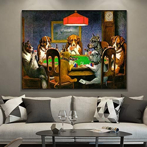 Denozer Dogs Playing Poker Canvas Wall Art Prints 40 x 28 inch Chess and Cards Room Anthropomorphic Dog Game Painting Funny Home Decor Picture for Living Room Bedroom