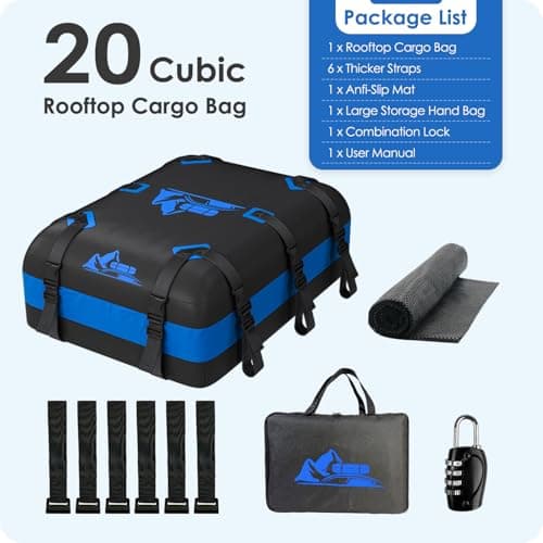 BATSUVCER Car Rooftop Cargo Carrier Bag 20 Cubic Feet, 100% Waterproof Heavy Duty Car Roof Bag for All Vehicle with/Without Racks - Anti-Slip Mat, 6 Door Hooks, Storage Bags, 5CM Straps(Blue) — view 7