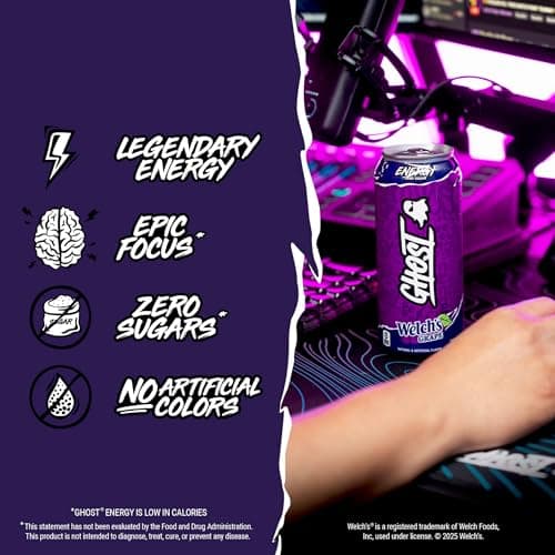 GHOST Energy Drink - 12-Pack, Welch's Grape, 16oz Cans - Energy & Focus & No Artificial Colors - 200mg of Natural Caffeine, L-Carnitine & Taurine - Gluten-Free & Vegan — view 3