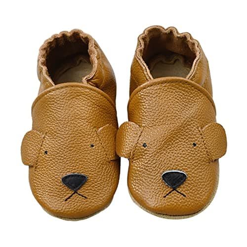 iEvolve Baby Leather Shoes Soft First Walker Shoes Crib Shoes Moccasins for Toddlers(Brown Bear, 12-18 Months)