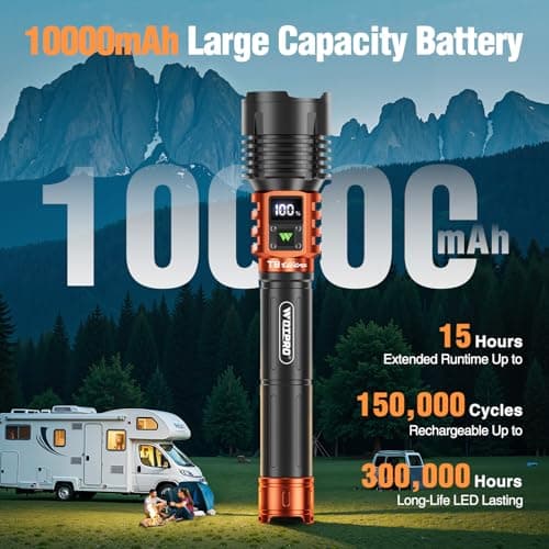 Wdtpro Rechargeable LED Flashlights High Lumens, Super Bright 90,000LM Rechargeable Flashlight with LCD Display, 5 Modes & Waterproof Powerful 10000mAh Handheld Flashlight for Camping Emergency Orange — view 2