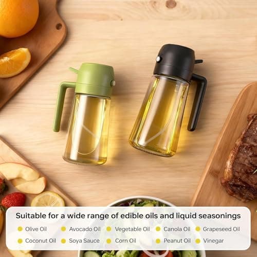 2Pack Glass Oil Sprayer for Cooking 16oz/470ml, 2 in 1 Oil Dispenser with Label Stickers & Portion Control, Kitchen Gadget for Air Fryer, Salad, BBQ, Frying（Black+Green） — view 4