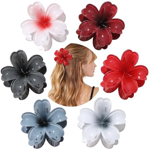 SMKSL 6 Pcs Flower Hair Claw Clips for Women Hawaiian Large Hair Clips for Thick Thin Curly Hair, Strong Hold & Non-Slip, Stylish Medium Beach Hair Accessories for Women Girls (Dark & Red)
