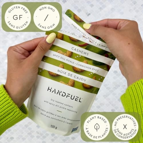 Handfuel Spicy Dill Pickle Cashews, Hand Roasted Salted Cashews, 7g of Protein, Proudly Canadian Made Plant Based Flavoured Nuts, Gluten Free - 120 Grams — view 2
