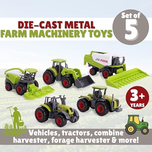 Toyland® Set of 5 Green Die Cast Metal Farm Machinery Toys - Approx 4.5cm Each - Includes Tractors,Combine Harvesters & More!