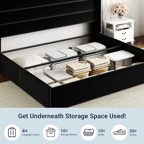 Allewie King Size Velvet Lift Up Storage Bed, Modern Wingback Headboard, Hydraulic Support, No Box Spring Needed, Black — view 5