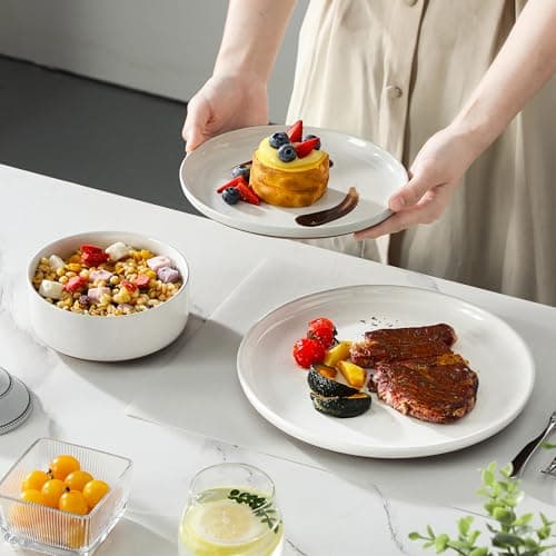 MALACASA Plates and Bowls Sets, 12 Pieces Modern Stoneware Dinnerware Set for 4 Kitchen Dinner Set Ceramic Dishware Dishes Set Microwave and Dishwasher Safe, White, Series TARA — view 5